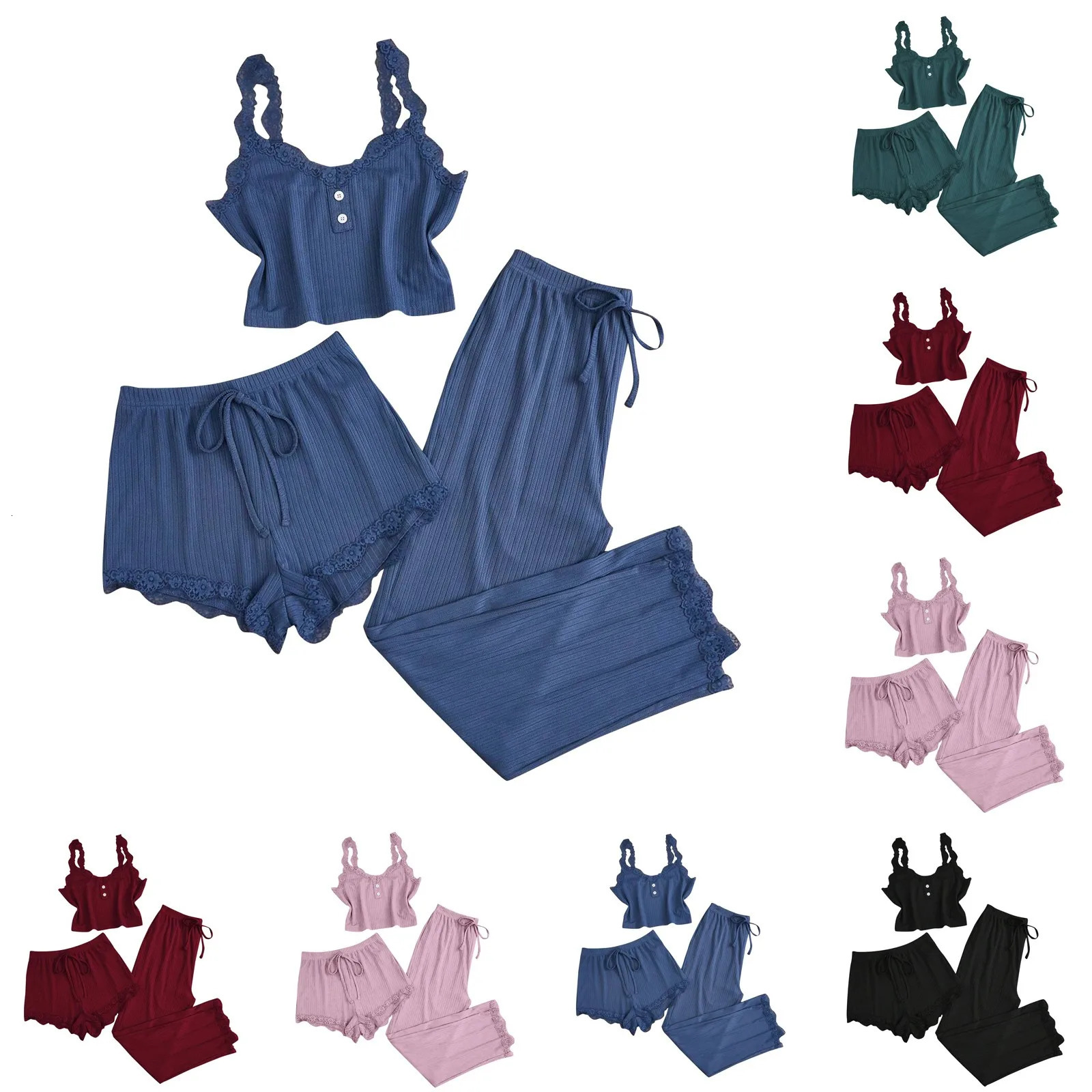 Womens Lace Three Piece Set Camisole Vest Shorts Pants Pajamas Set Spring Summer female Sleepwear set Casual Pajamas 251022