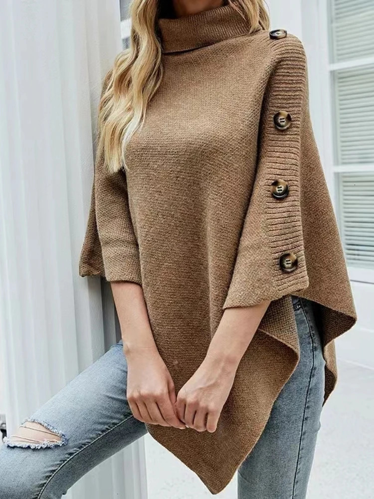 Autumn Winter Shawl Cloak Sweater Solid Color Turtleneck Oversized Cape Coat Female Ponchos Pullover Knitted Bat Sleeve Top 251016