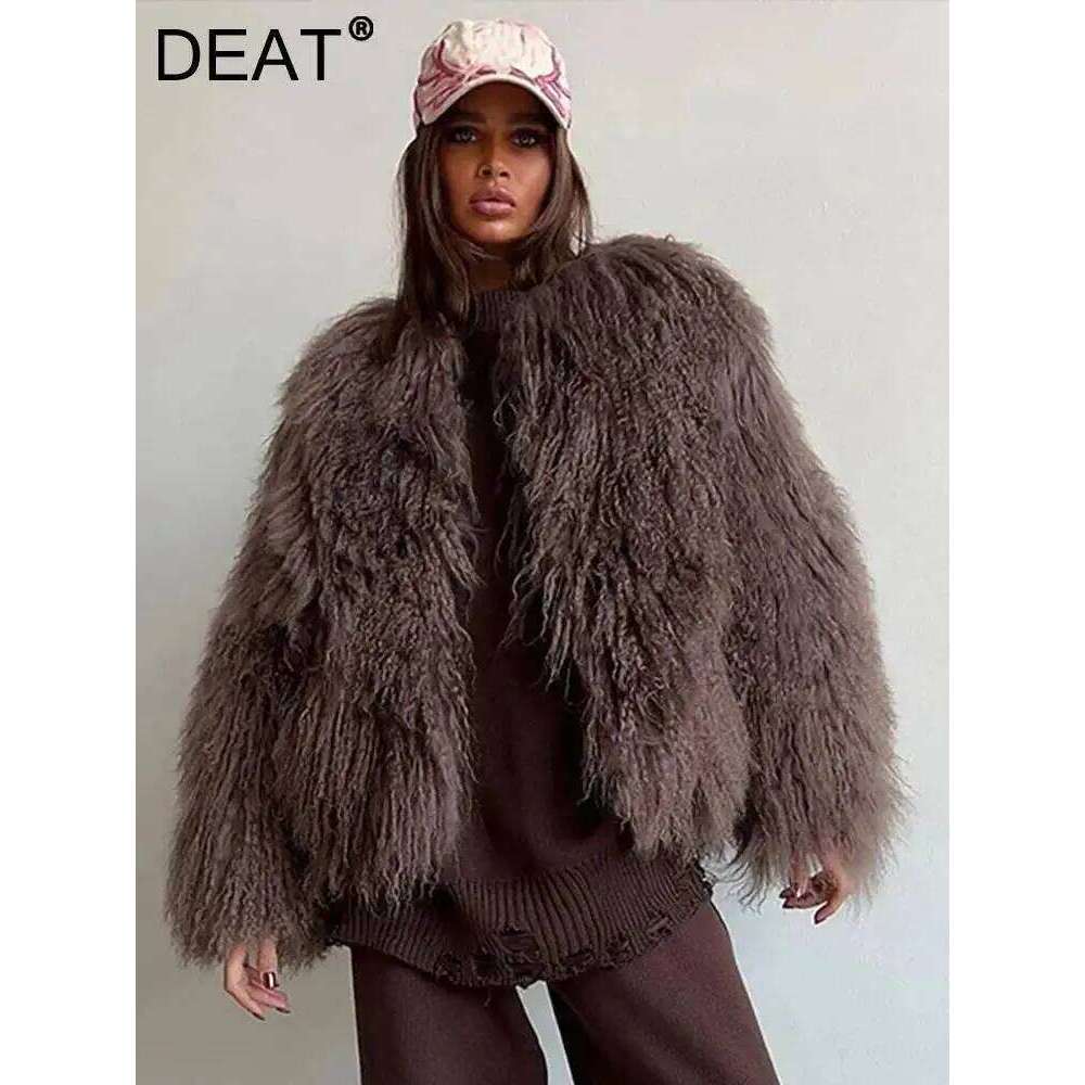 DEAT Fashion Brown Faux Fur Coat Women's Round Neck Loose Long Sleeves Thick Plush Short Jacket Winter New 7A1041