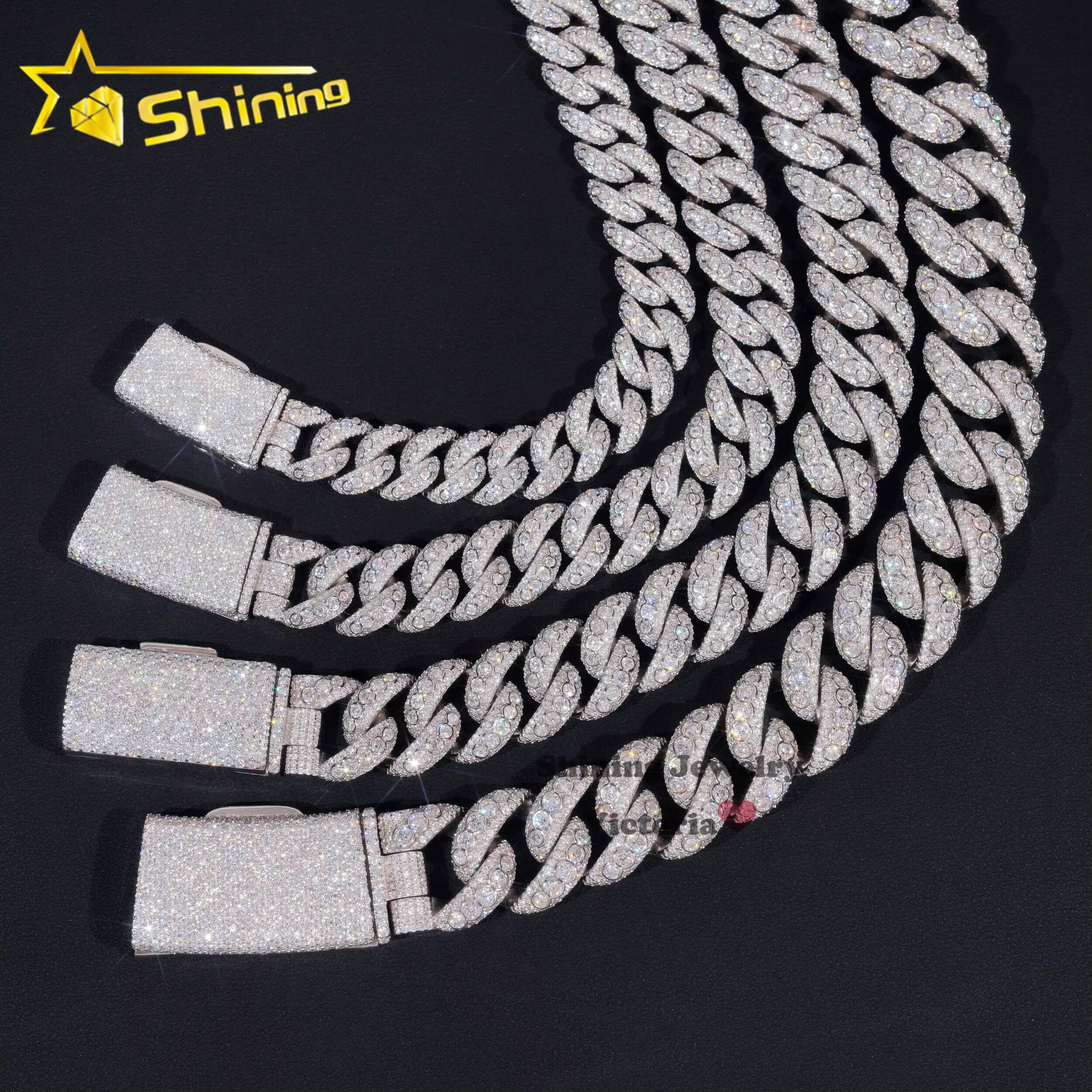 Panyu New Arrivals Hip Hop Rapper Necklace 925 Silver 13MM 15MM 18MM 20MM VVS Moissanite Diamond Bezel Setting Cuban Link Chain