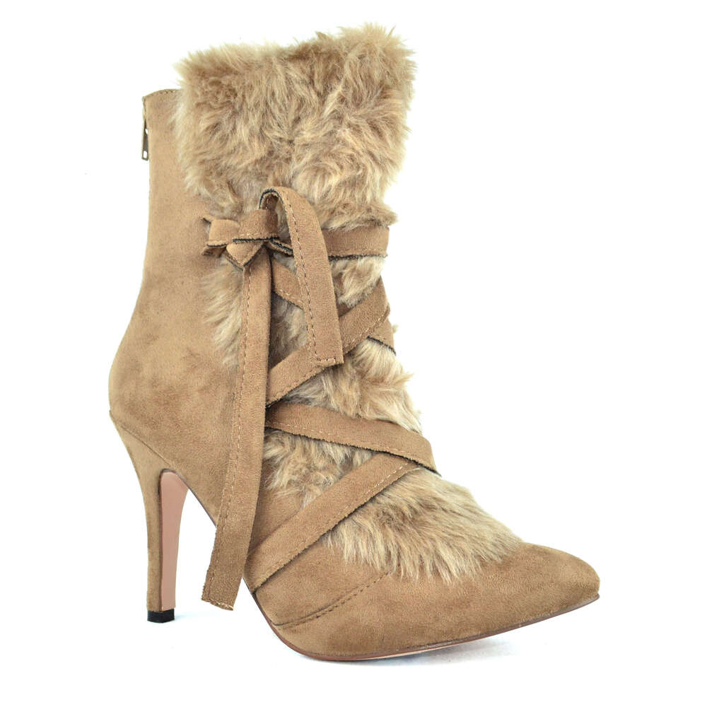 Women's Pointed Toe Faux Suede Fur Ankle Boot With Stiletto Heel And Wrap Tie Detail