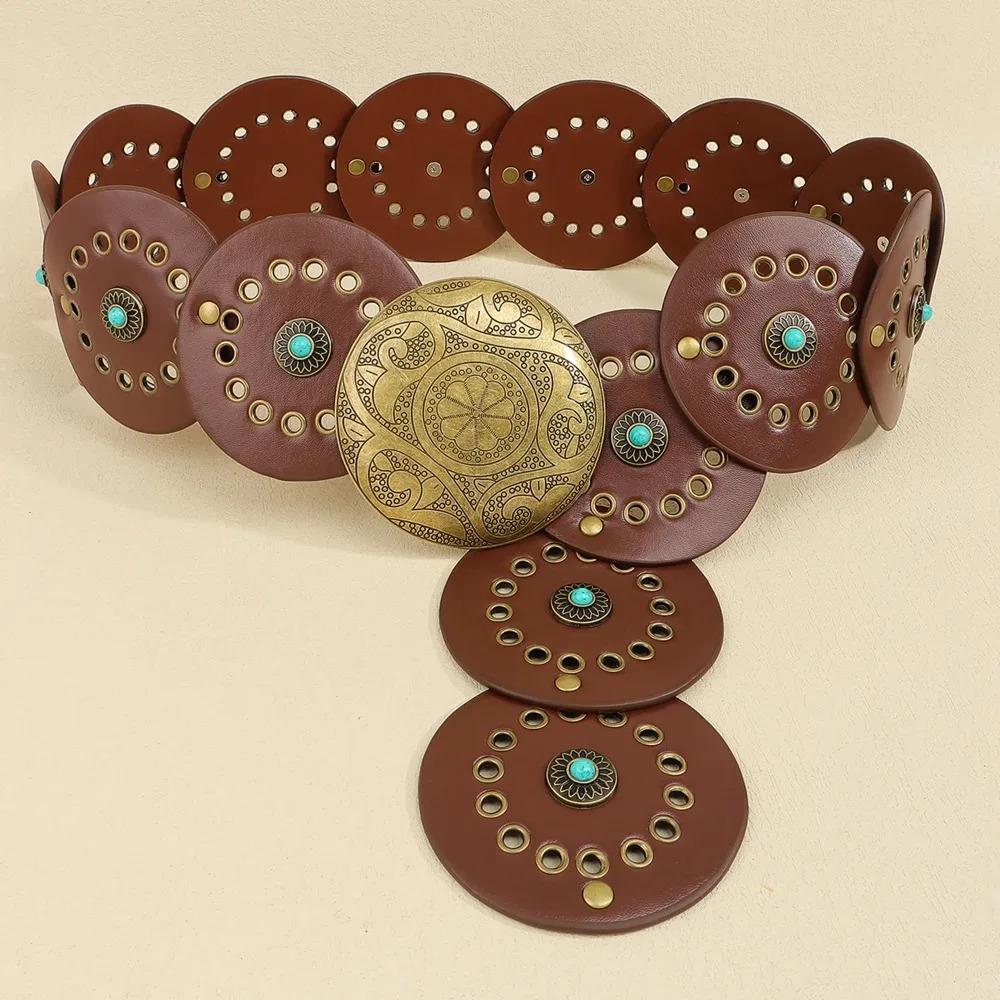 Exaggerated Wide Boho Disc Belt Adjustable Turquoise Carved Buckle Waist Belt Rivet Y2k Western Leather Waistband 251013