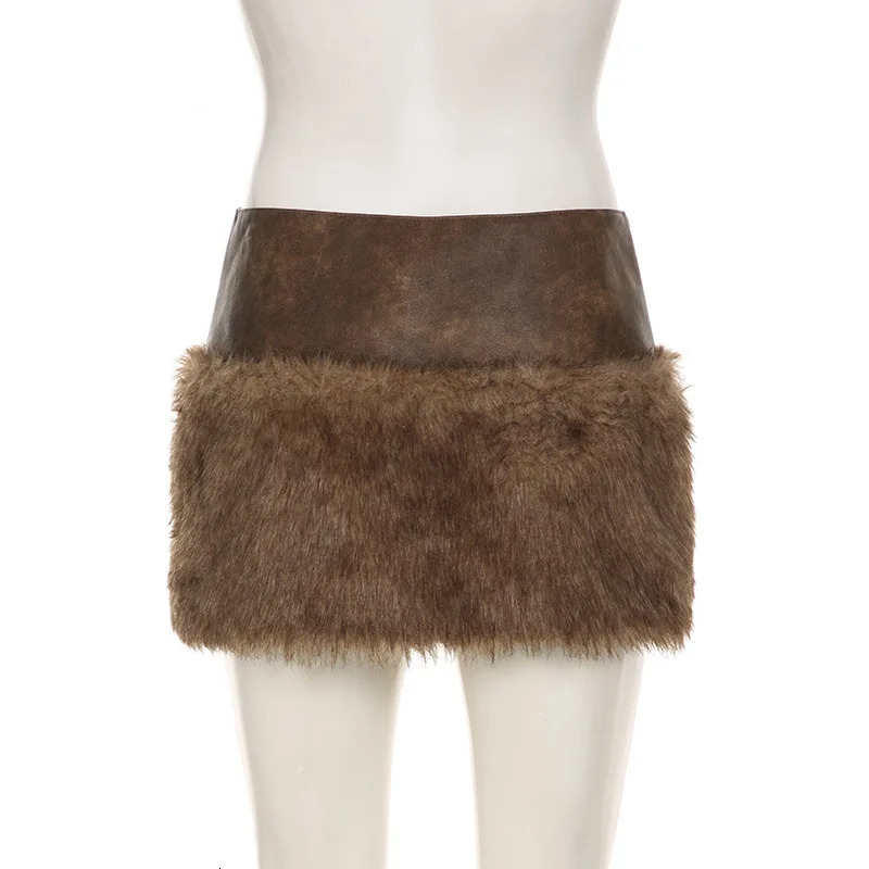 Sexy Brown PU Leather Fur Skirt Street Plush Zipper Splicing Hip Skirt for Women Winter 251022
