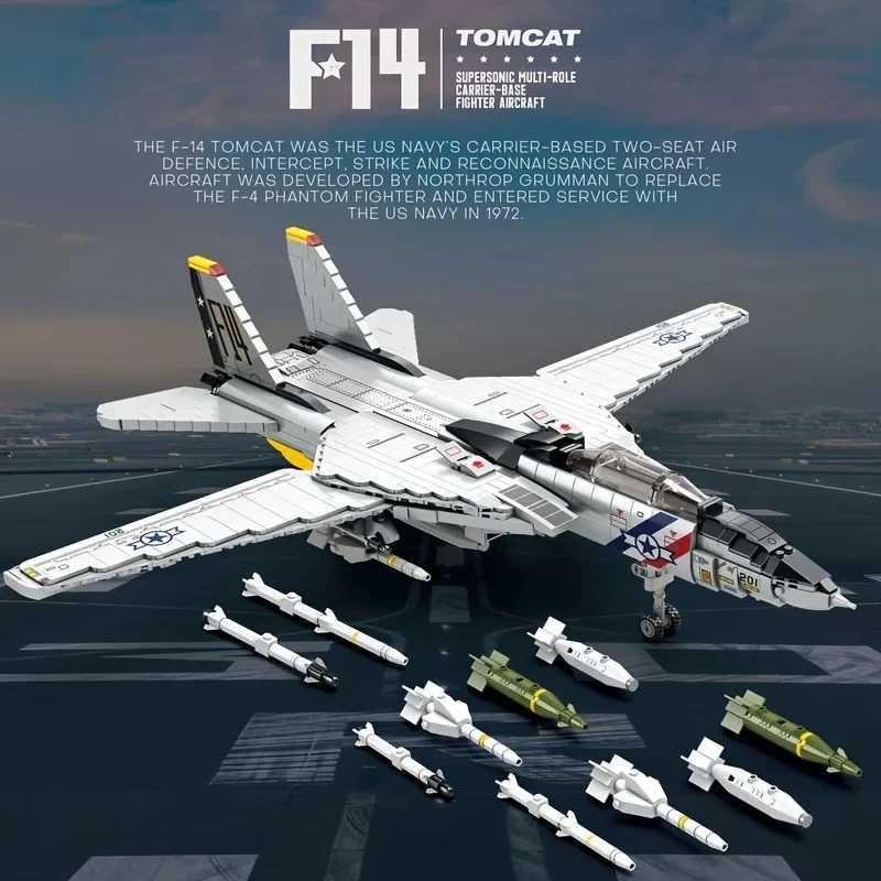 1600PCS Military Tomcat F14 Fighter Aircraft Building Blocks MOC CarrierBase Fighter Model Bricks Set Holiday Gifts Kids Toys J251022