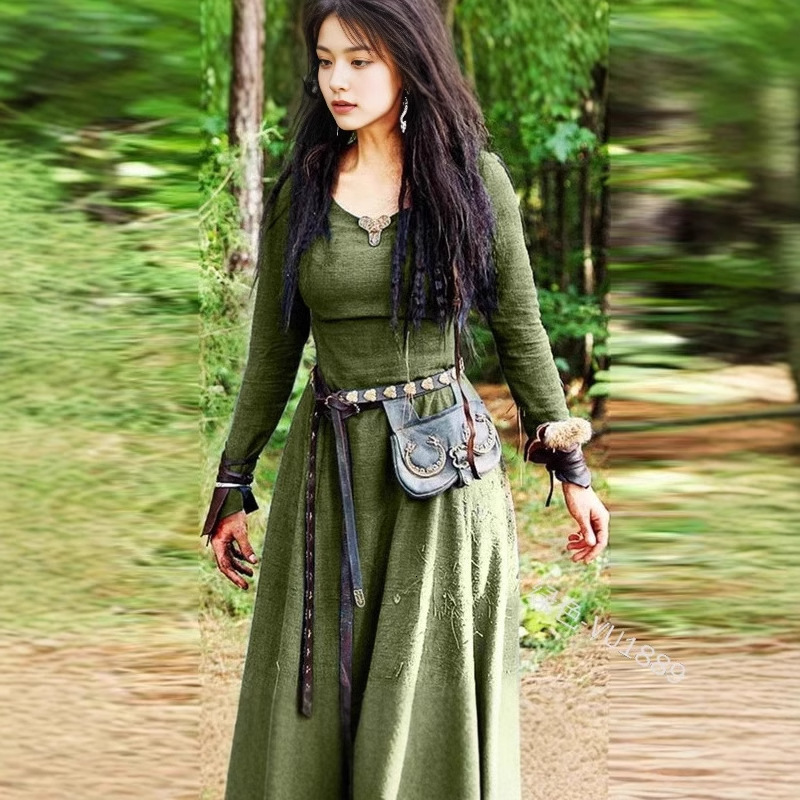 European and American designers fashion retro round neck long sleeved slim fit dress, Renaissance women's long role-playing performance clothing