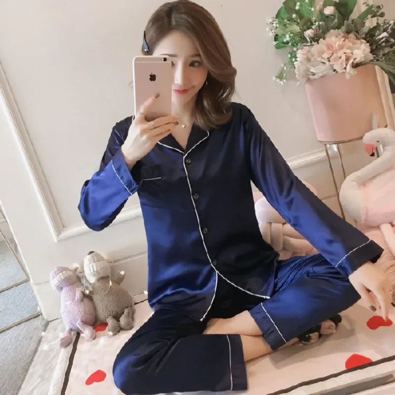 Silk Pajamas for Women 2025 Sexy Silk Women Pijama Sets Sleepwear Longsleeve Cardigan Female Ice Silk Home Pijama Mujer Verano 251022