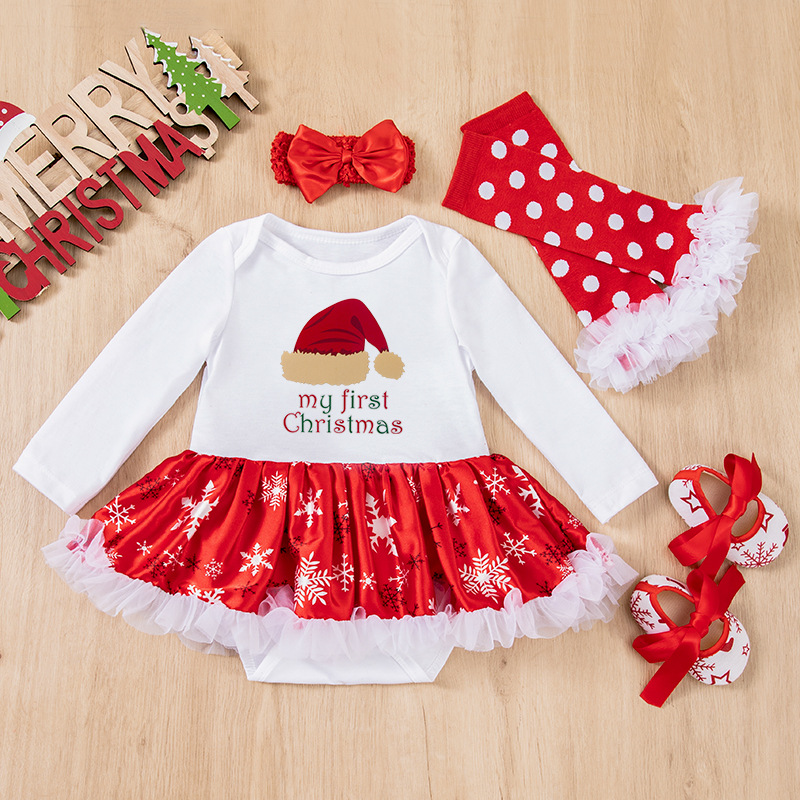 Winter Christmas Baby Girl Romper Dress Set Large Snowflake Print Long Sleeve Infant Onesies 4-Piece Set for Wholesale