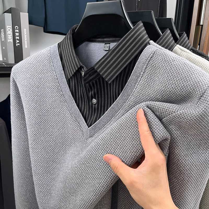 Original Quality Mens Lapel Fake Two Piece Knitted Sweater Winter New Velvet Thickened Print Striped Business Casual MenswearXJ251022