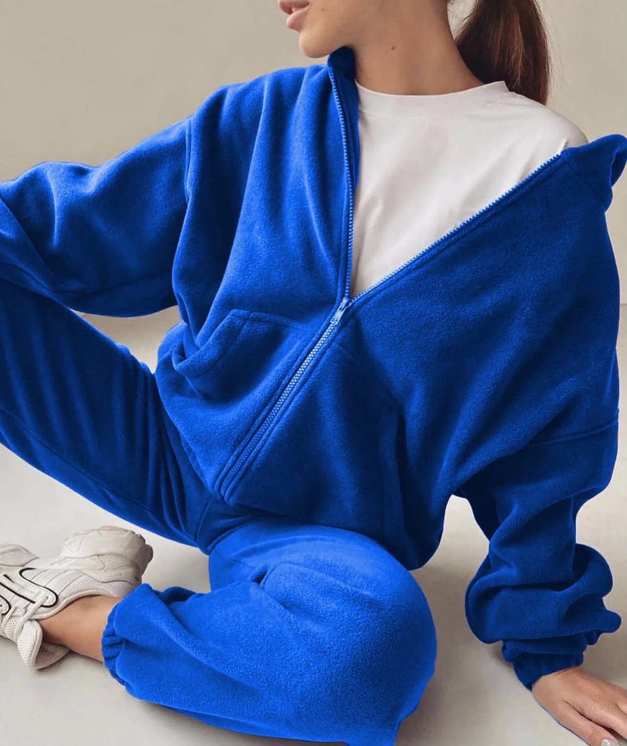 2025 Casual Women Fleece Hoodie Two Piece Sets Hooded Zipper Outerwear And Harem Pant Suit Winter Fashion Streetwear Tracksuit 251010
