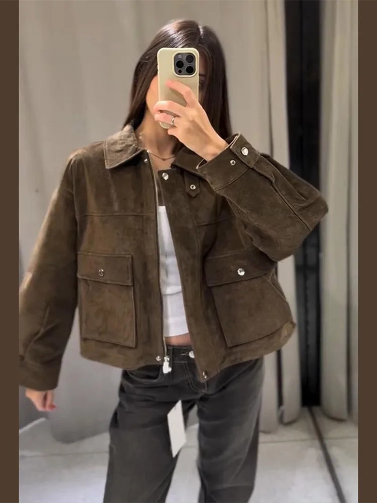 Vintage Thicken Suede Jackets Women Lapel Zipper Long Sleeves Pockets Coats Female Autumn Winter Chic Casual Warm Outwears 251020