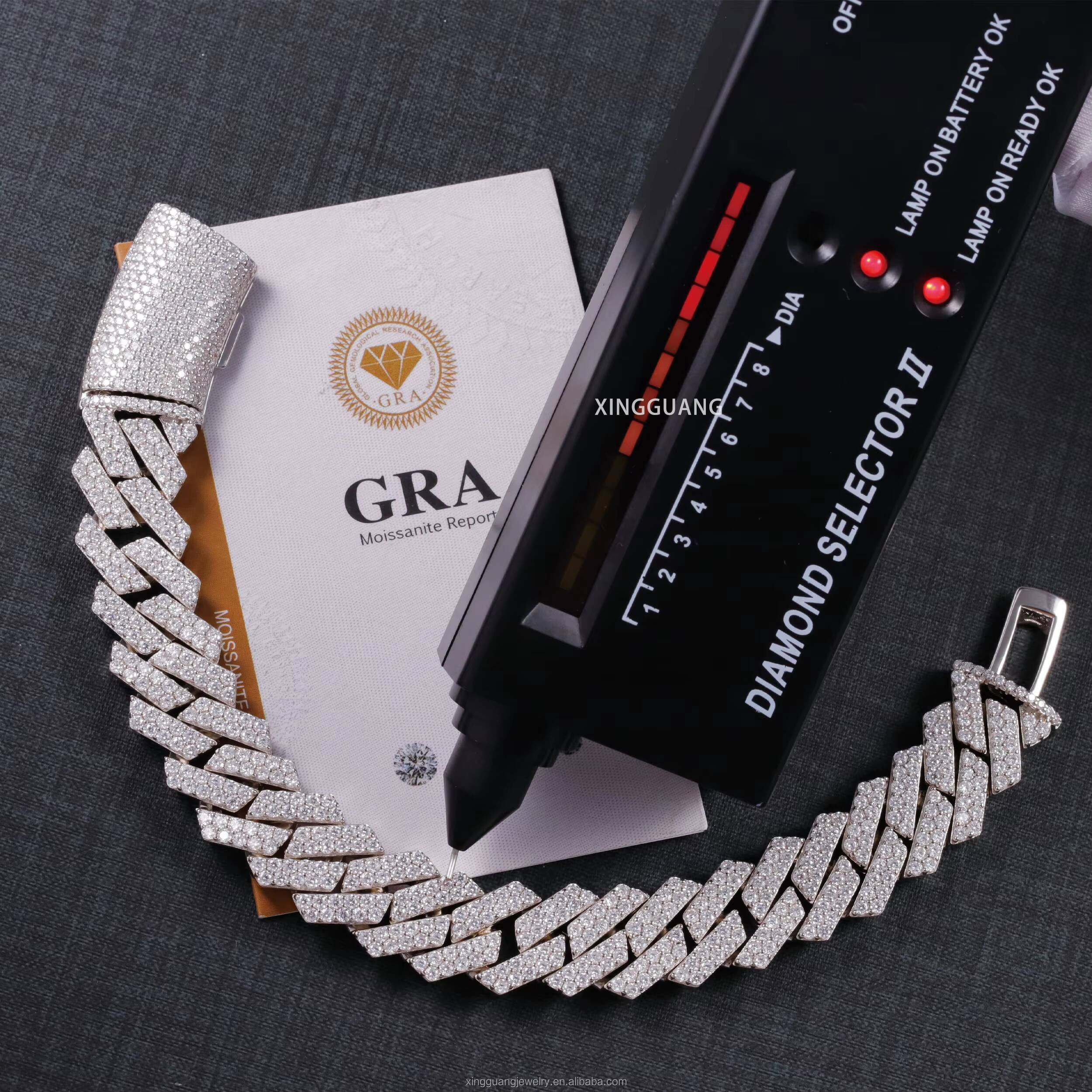 Hip Hop 14mm Moissanite Cuban Chain Iced Out 925 Silver 2 Rows White Gold Plated VVS Moissanite Cuban Lidynamic Chain Bracelet