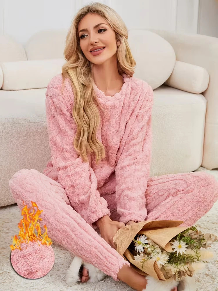 TwoPiece Autumn and Winter Pajama Set with Fleece Lining Thick Coral Velvet Home Wear Fashionable Warm LongSleeve Pants Sets 251022