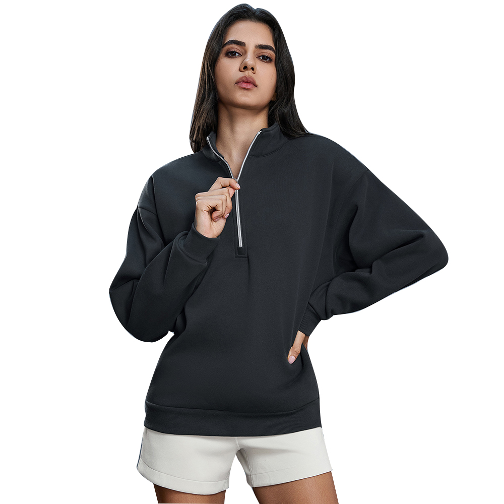 L-4743 Women's Half-Zip Fleece Lined Sweatshirt-Thick Warm Stand Collar Pullover, Loose Fit Casual Autumn Winter Top