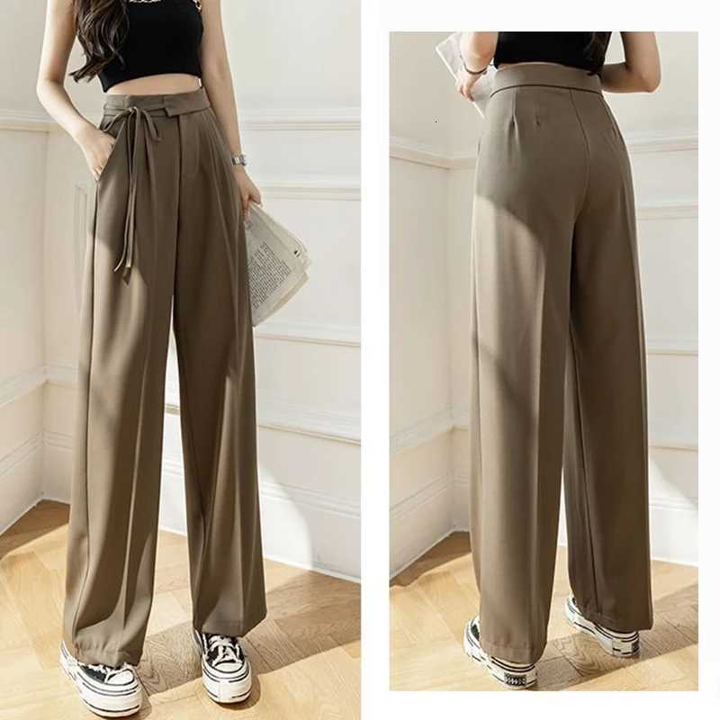 Spring Women Lace Up Straight Leg Suit Pants Female Solid Color High Waisted Trousers Lady Chic Designer All Match Work PantsT251022