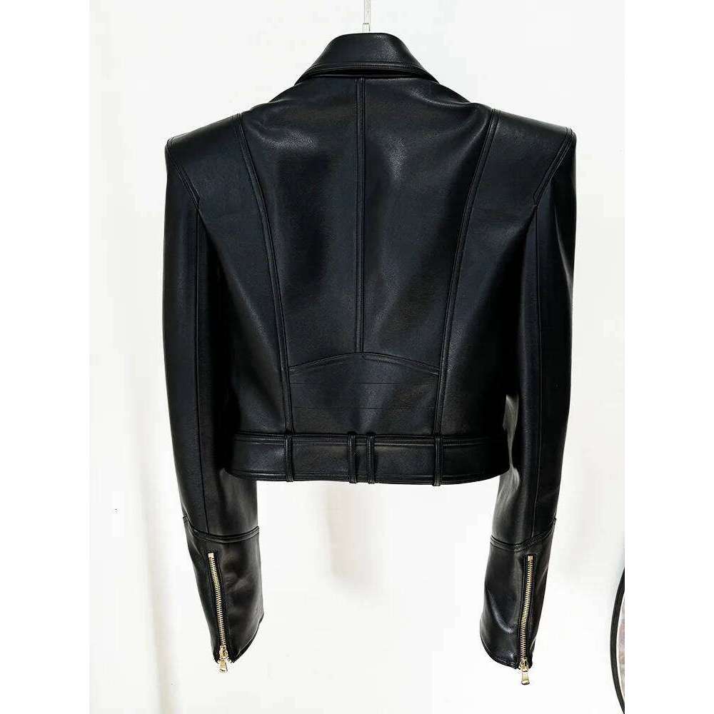 HIGH STREET New Fashion 2025 Designer Women's Peak Shoulder Double Breasted Lion Buttons Faux Leather Moto Jacket