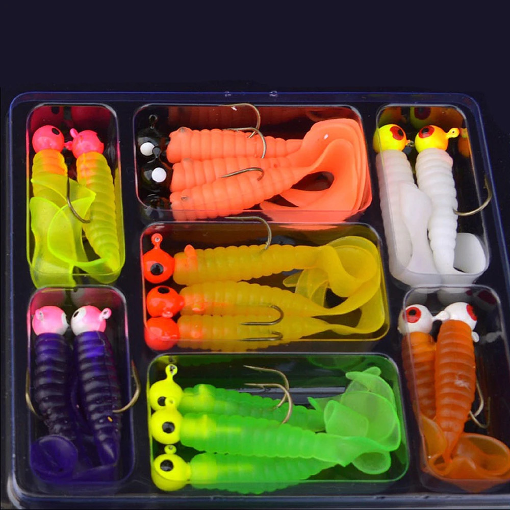 34pcs 1 Set 17pcs Metal Jig Head Fishing Hooks Soft Worm Lure Grub Silicone Fish Artificial Bait Tackle 251022
