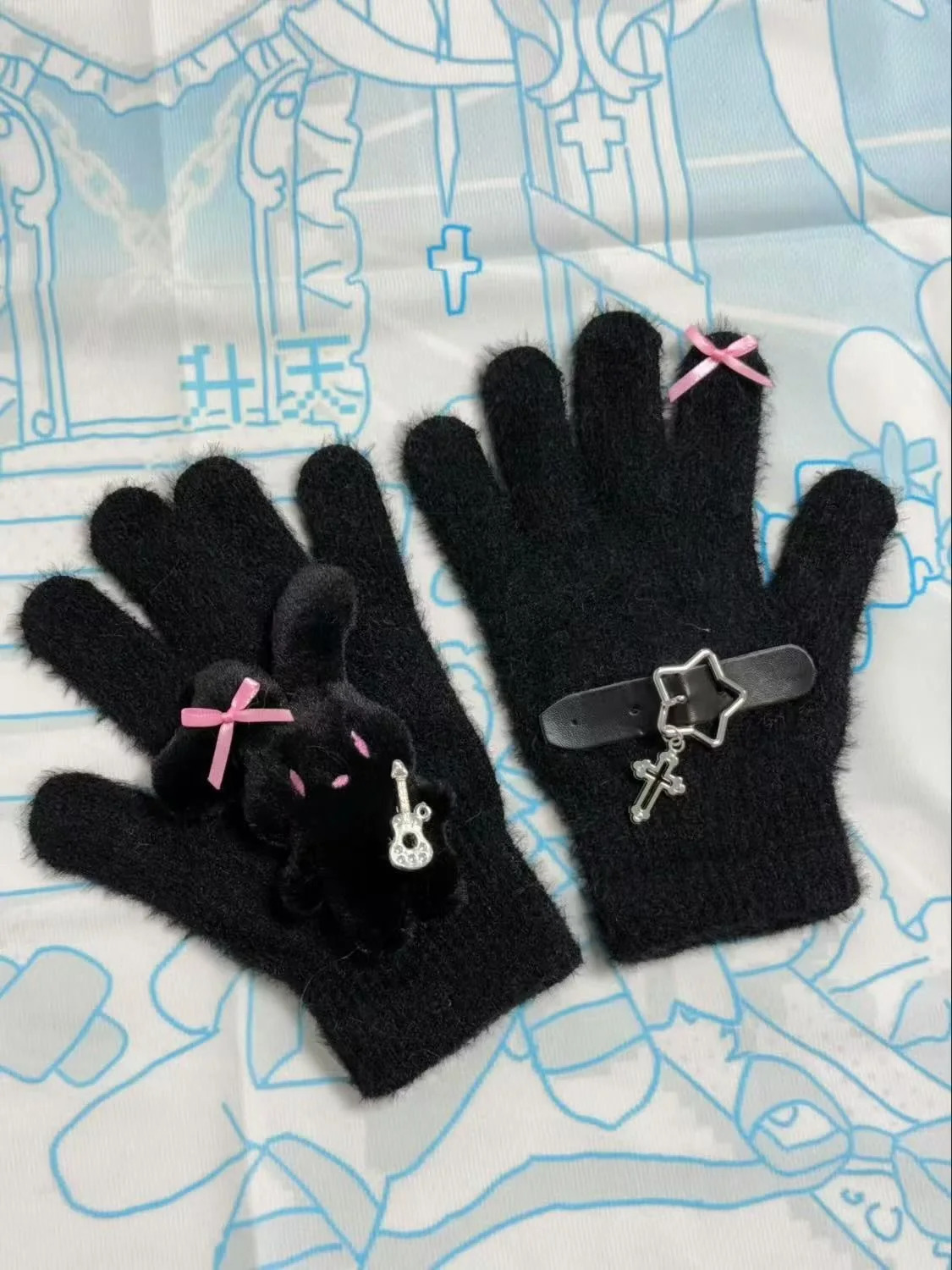 Y2K Star Rabbit Cross Gloves Cute Bunny Sweet Knitted Winter Warm Thickened Kawaii Cycling Fullfinger Glove Women JK Accessories 251021