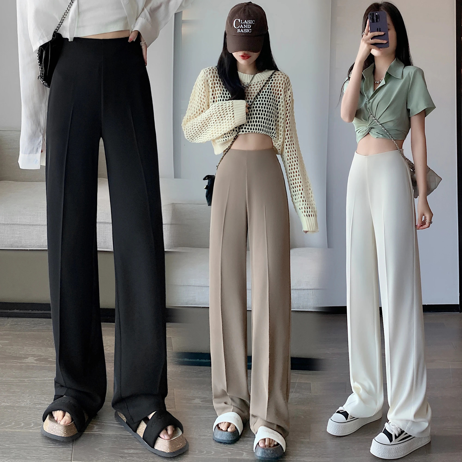 High Waist Khaki Suit Wide Leg Womens Full Pants Spring Summer Female Elegant Minimalism Straight Loose Trousers 251022