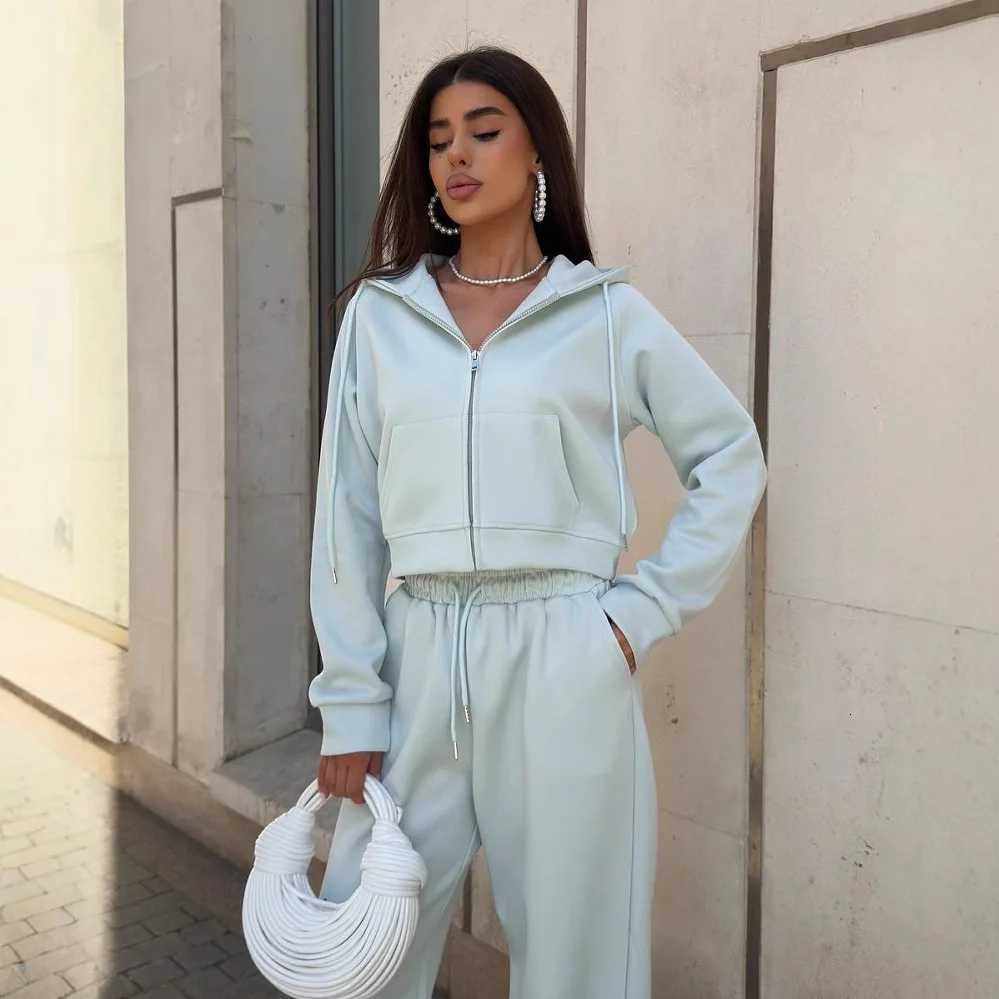 Pants Suit Women Sporty 2 Piece Sets Hoodie Coat Trousers Tracksuit Hooded Jacket Sportswear Outfits Lace Up Autumn EnsembleT251022