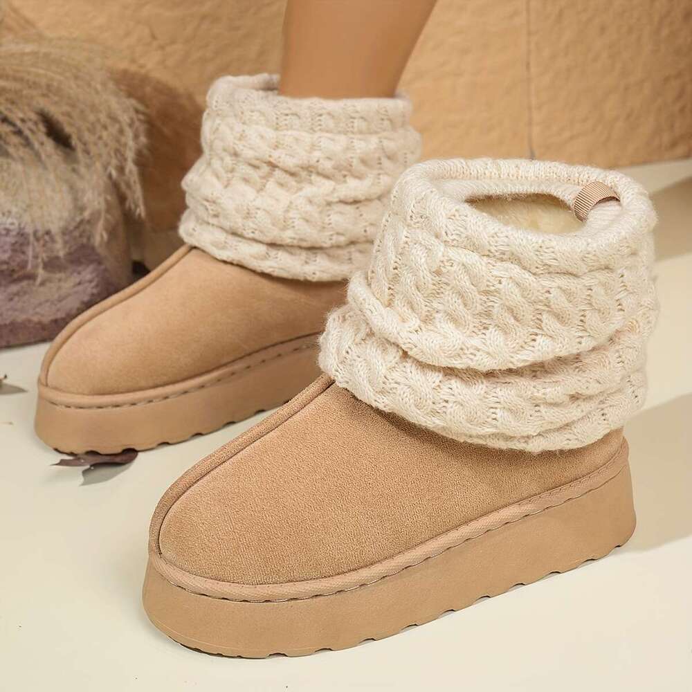 Women's Cozy Slip-On Mid-Calf Boots With Thick Platform Round Toe Cuff Soft Fabric Upper, Faux Cover Sole, Beige, Brown, Black - Perfect For Outd