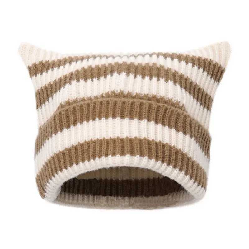Japanese Y2K Cute Black White Striped Cat Ears Wool Hat Women Autumn Winter Warm Little Devil Hanging Ball Knitted Beanie Hat J251022