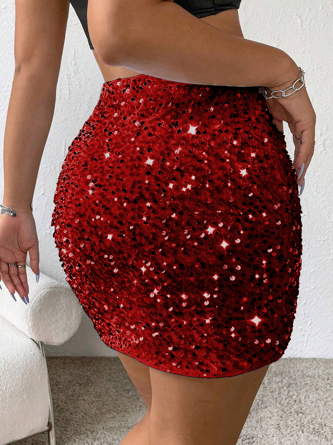 Women's Mememe Brand Sexy Party Sequin Mini Skirt with Side Slit, High-Quality Fashion Slim-Fit Skirt (S-XL, Black/Red)-D230
