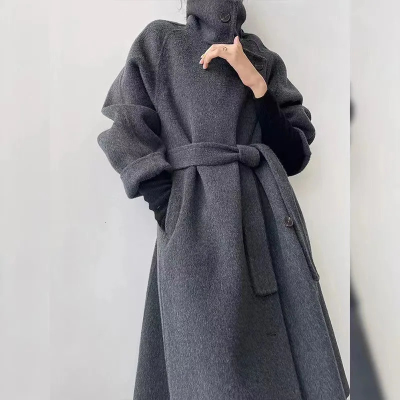 Women dark grey black stand collar 100 woolen double sided coat long length loose soft warm outerwear overcoat autumn winter 251020