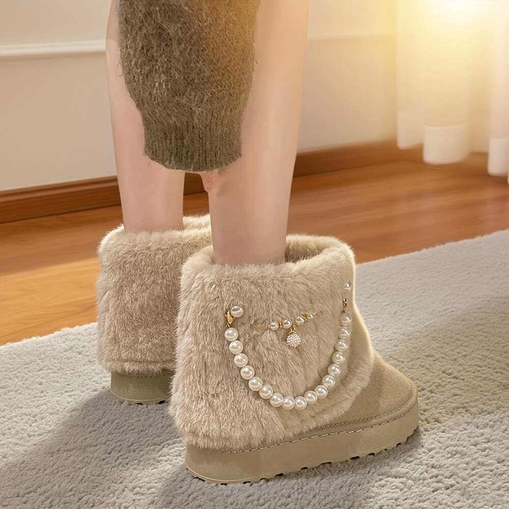 Women's Slip-Resistant Snow Fur-Like Faux Fur Trim Round Toe Moccasin-Style Ankle Buckle Strap Button Detailing, Soft Fabric Arch, Multi-Color Op