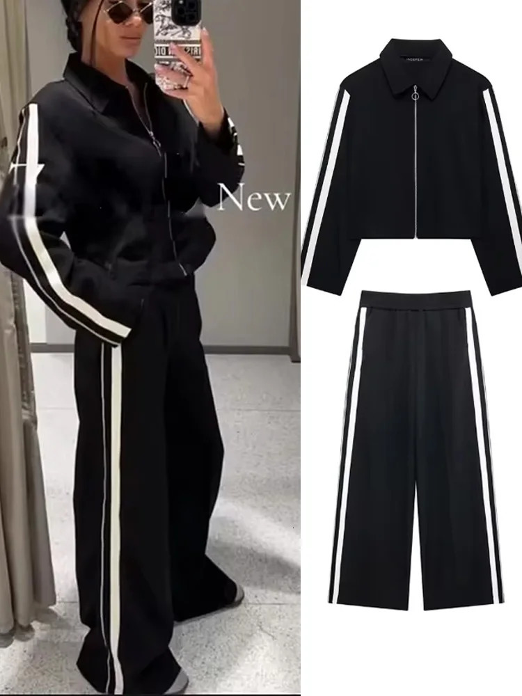Women Casual Black Trousers Suits Sports Short Jacket Female Vinatge Black White Patchwork Baggy Pants Street 251022