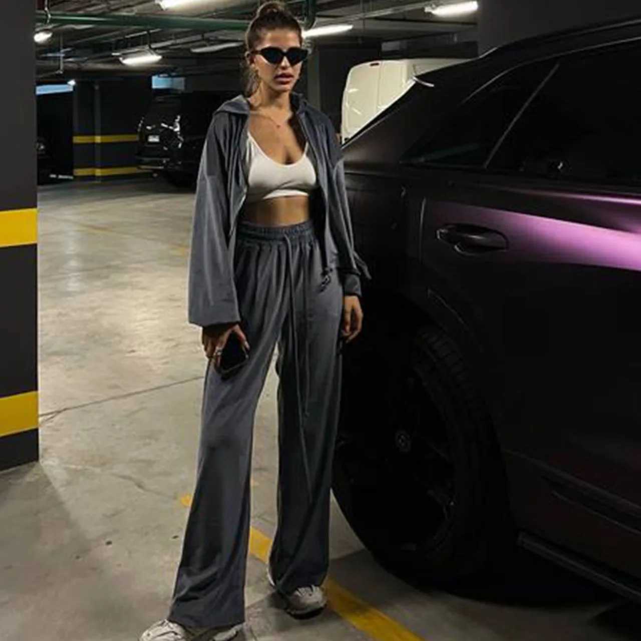 Women Autumn Hooded Coat Two Pieces Sets Solid Patchwork Wide Leg Pants Chic Outfit New Long Sleeve Casual Simple Ladies SuitsT251022