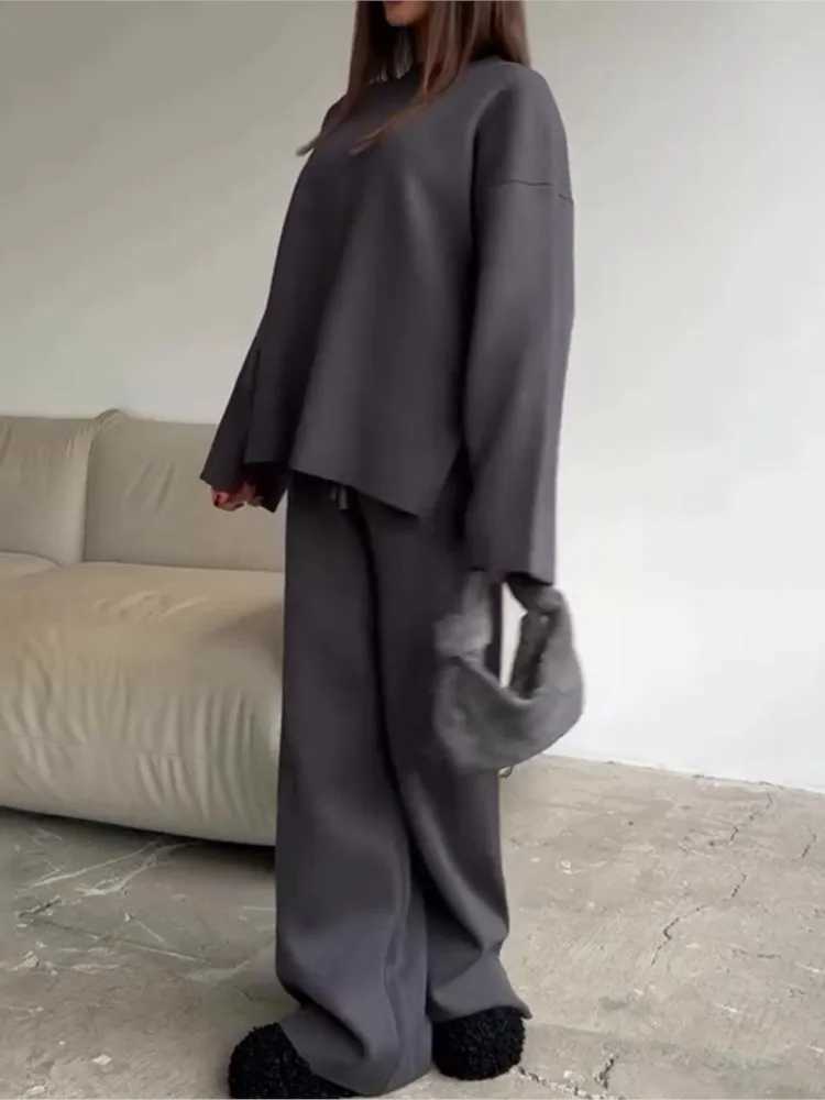 2025 Solid Color Knitted Sweater Two Piece Set Women Fashion Loose O Neck Knitting Pullover Trousers Sets Female Simple StyleT251022