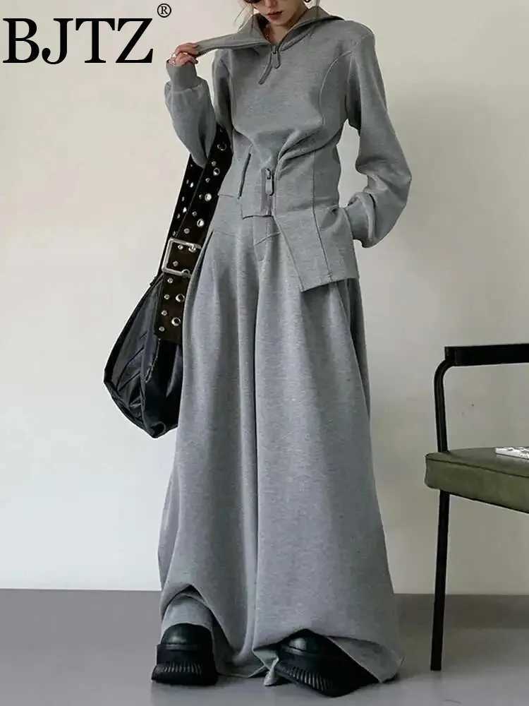 BJTZ Casual Irregular 2 Piece Set Womens 2025 Spring Autumn Trendy Stand Collar Zipper Design Hooded High Waist Wide Leg PantsT251022