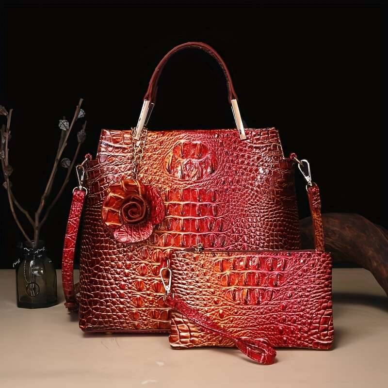 2Pcs Crocodile Print Handbag Set Fashionable Vintage Style, Multi-Functional Top Handle Crossbody, Business Clutch & Coin Purse - Spacious, Secure, Id