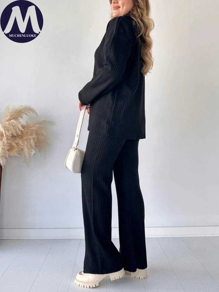 2 Pieces Set for Woman Autumn Winter Elegant Long Sleeved Zipper Knitted Sweater Tops Suits Fashionable Casual Loose Pant SetsT251022