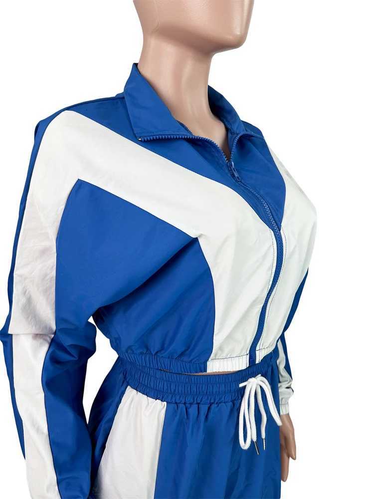 Fashion Women Sets Color Block Zip Crop Jacket and Wide Leg Pants Suit 2025 Fall Two 2 Piece Windbreaker Set Tracksuit OutfitsT251022