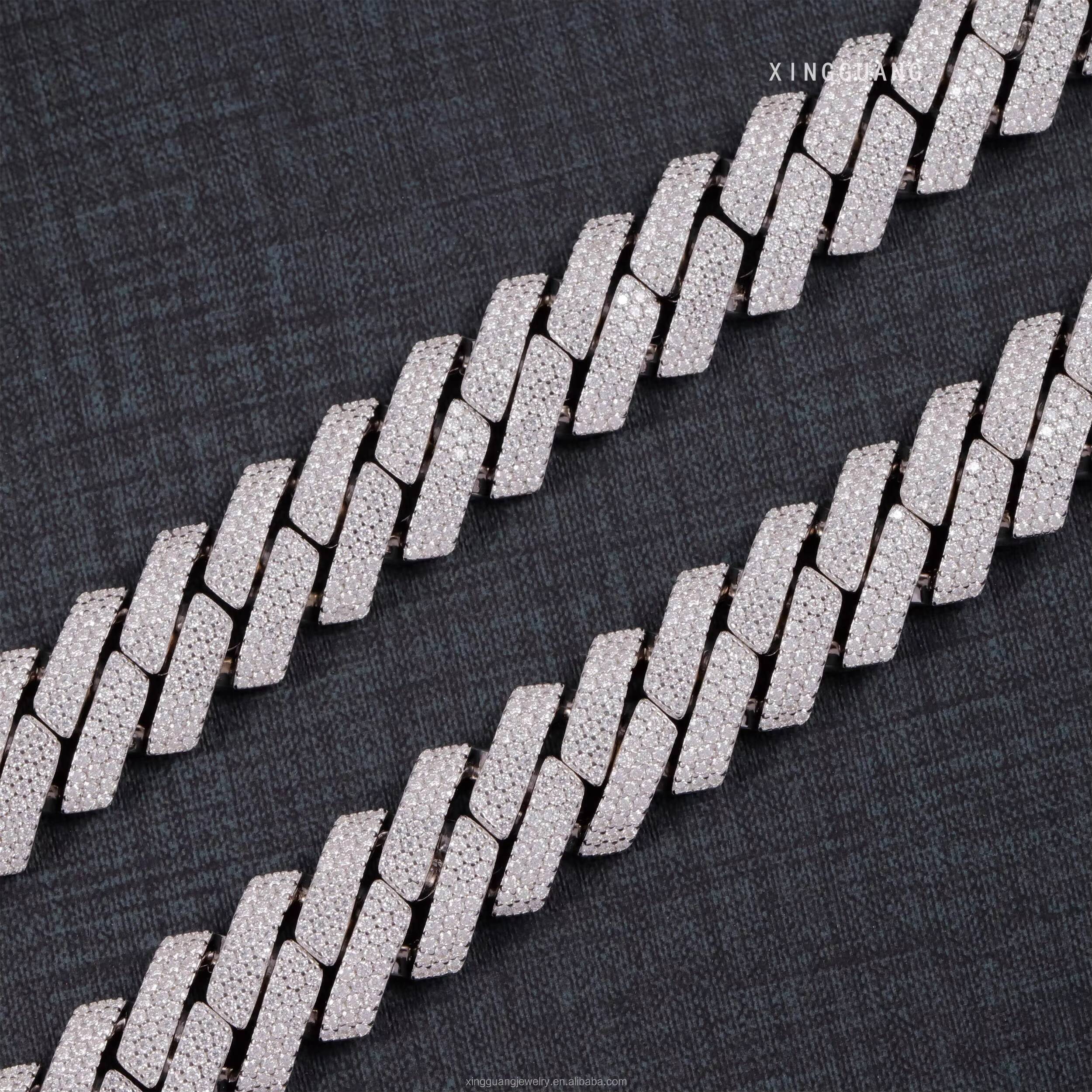 RTS Heavy Cuban Lidynamic Chain 100 Handmade Ice Out Moissanite Hip Hop Necklace 15mm 20mm 3Rows Chain S925 Silver Cuban Lidynamic Chains