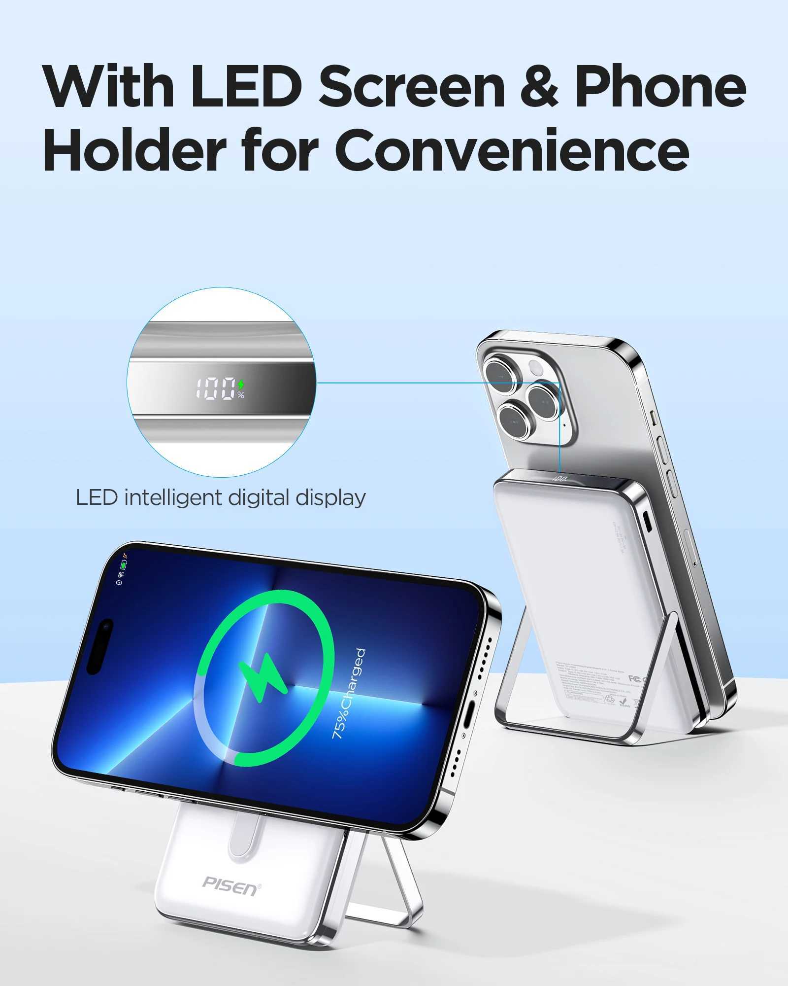 PISEN Magnetic Wireless Power Bank with Built in Stand Compatible 30W USB C Fast Charging for iPhone J251114