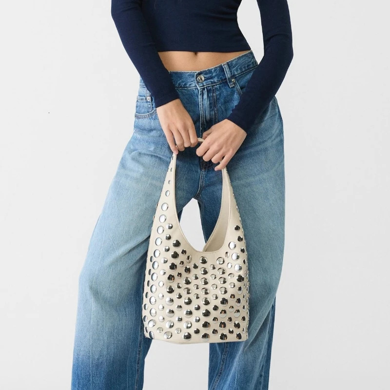 Punk Style Embellished DoubleFaced Round Rivet Inlaid Niche Bucket Bag Chic Lady Underarm Large Capacity Shoulder 251018