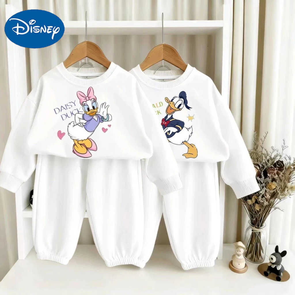 Disney White Cartoon Character Baby Toddler Sweatshirt Set Minnie Donald Duck Daisy Prints Long Sleeve Top Pants Fashion Wear H251022