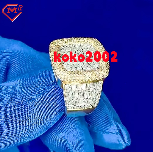 Iced Out Moissanite Ring Men 925 Silver Vvs Rapper Baguette Yellow Gold Color Solid Moissanite Ring