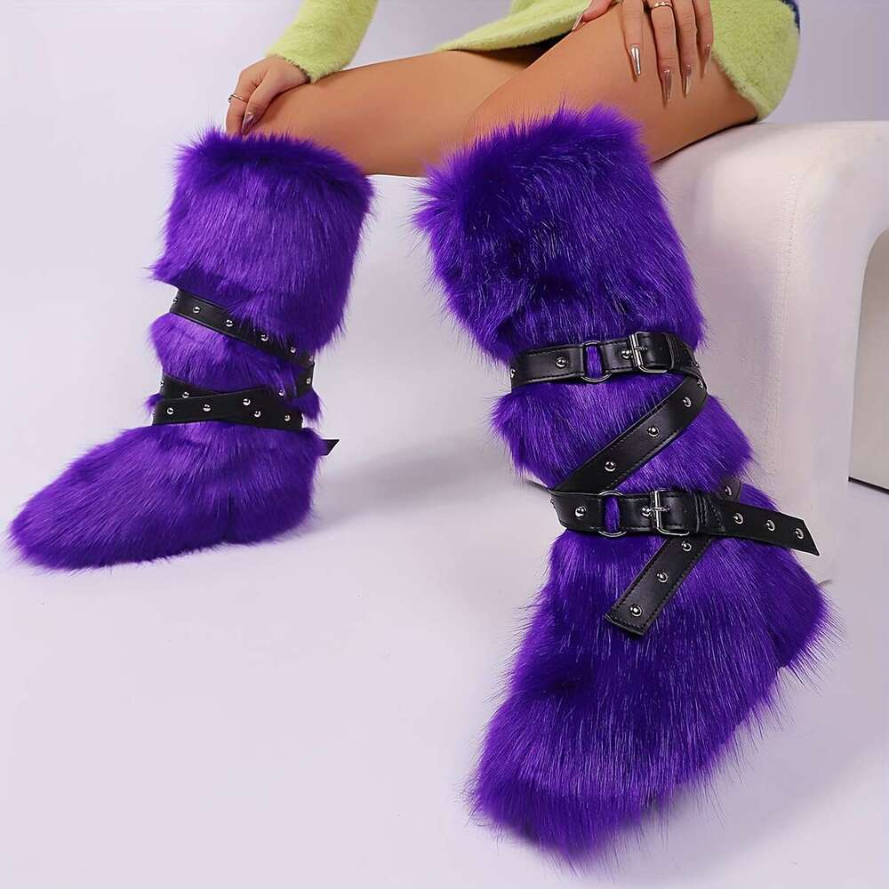 Women's Faux Fur Knee-High Buckle Stud Decorations Punk Style Plush Lining, Round Toe Flat Sole, Soft Microfiber Upper Rubber Outsole Cozy Indoor