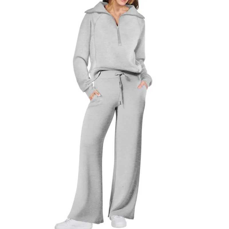 Solid Twopiece set Women Fashion Long Sleeve Zipper Sweater Pullover Tie up Pocket Wide Leg Pant Suit Loose Casual Sport SetsT251022