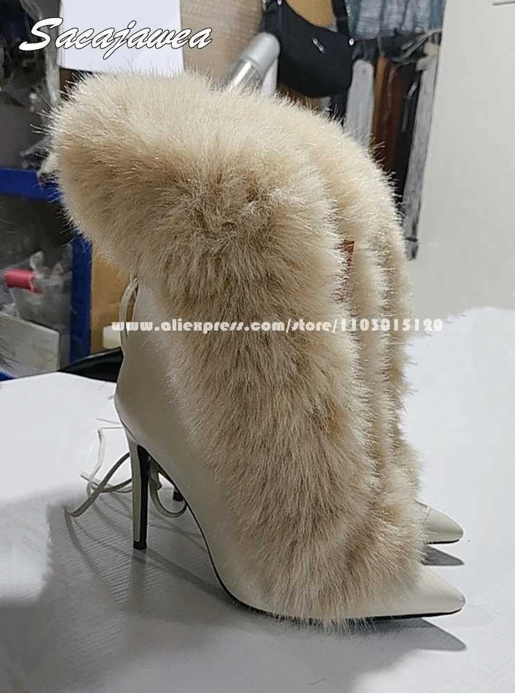 Solid Fur Back Drawstring Plush High Heel Boots Size 3542 Pointed Toe Sexy Lady Modern Boots Slip On Grace Party Boots Z251020