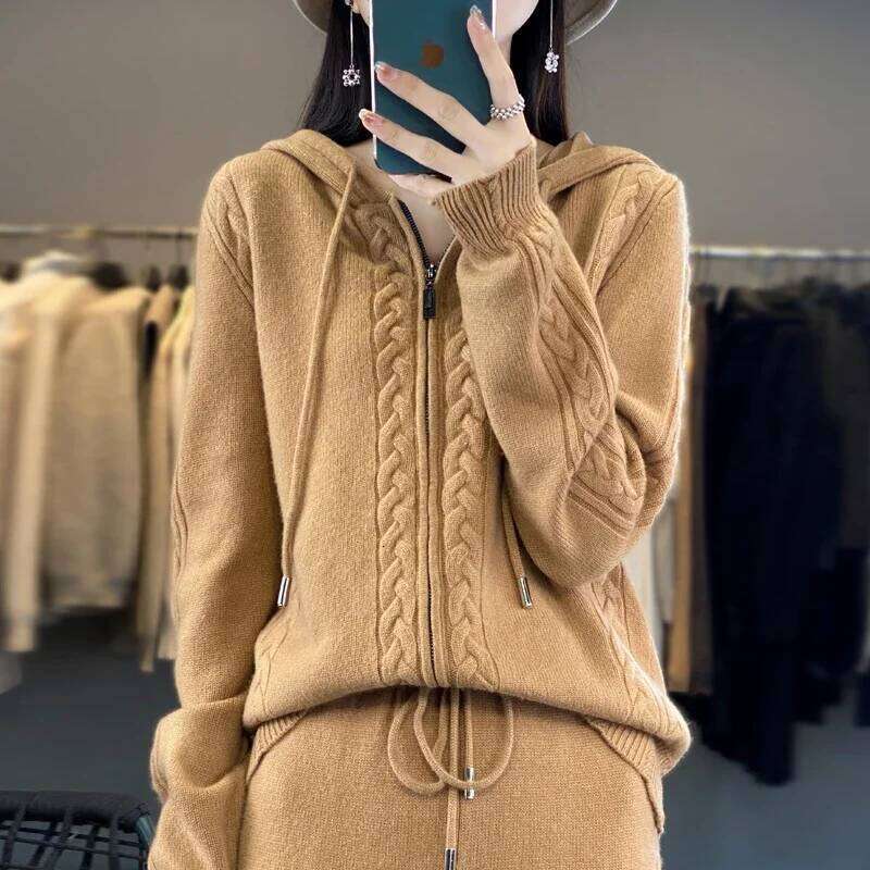 Women's Pure Cashmere Hooded Cardigan 2-Piece Set With Twisted Flower Design Loose Sweater And Wide-Leg Pants Wool Blend 251022