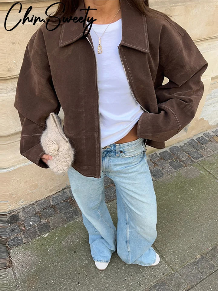 Fashion Brown Suede Womens Jackets TurnDown Collar Zipper Loose Lady Short Coats Autumn Female Street Office Outwear 251020