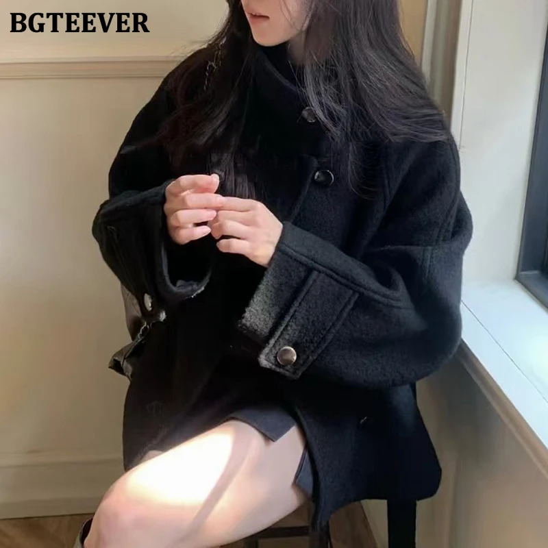 BGTEEVER Elegant Thicken Warm Stand Collar Female Woolen Coats Long Sleeve Singlebreasted Laceup Women Blend Jackets 251021