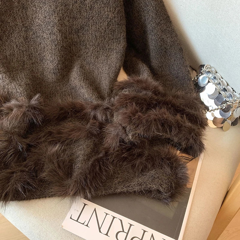 MEXZT Faux Fur Patchwork Sweater Women Korean Fashion Long Sleeve Knitted Pullovers Winter Elegant Knitwear Ladies Loose Jumpers 251016