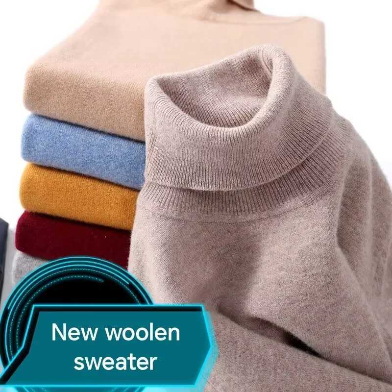 New Mens 100 Pure Wool High Collar Knitted Wool Sweater Winter Hoodie Large Size High end Loose Leisure Versatile Base SweaterXJ251022