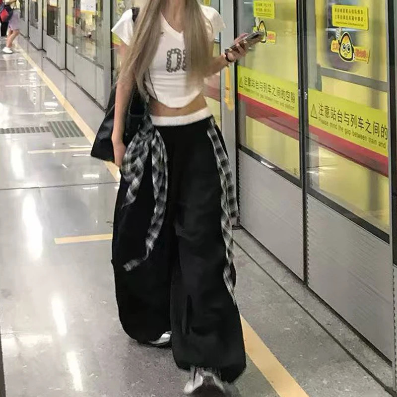 Y2K Streetwear Hip Hop Cargo Pants Women Summer High Waist Loose Plaid Patchwork Wide Leg Pants American Baggy Casual Trousers 251016