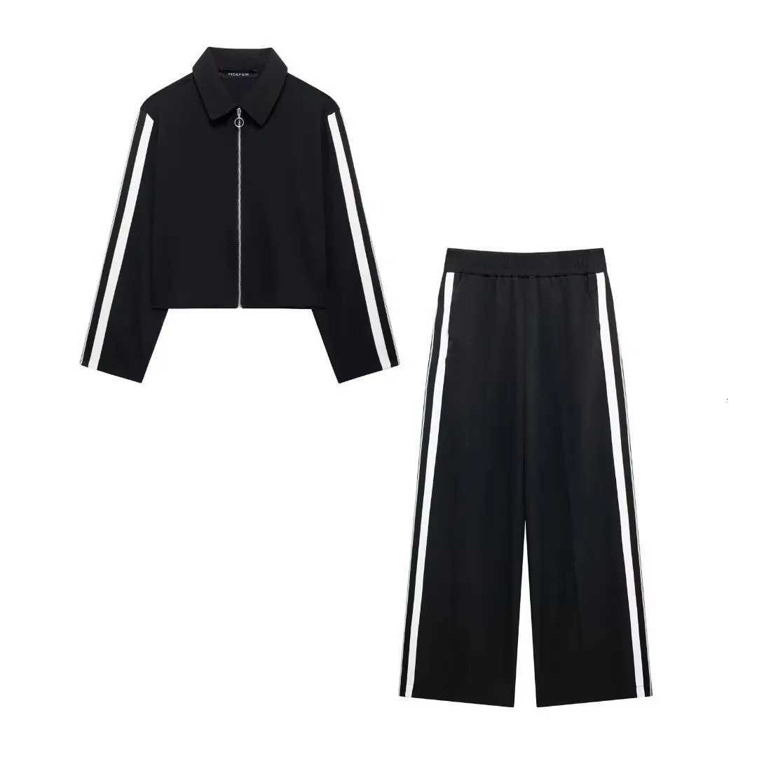 HH Women Fashion Side Stripe Coat Pant Set Long Sleeve Zipper Jacket Elastic Waist Wide Leg Pants High Street Lady OutfitT251022